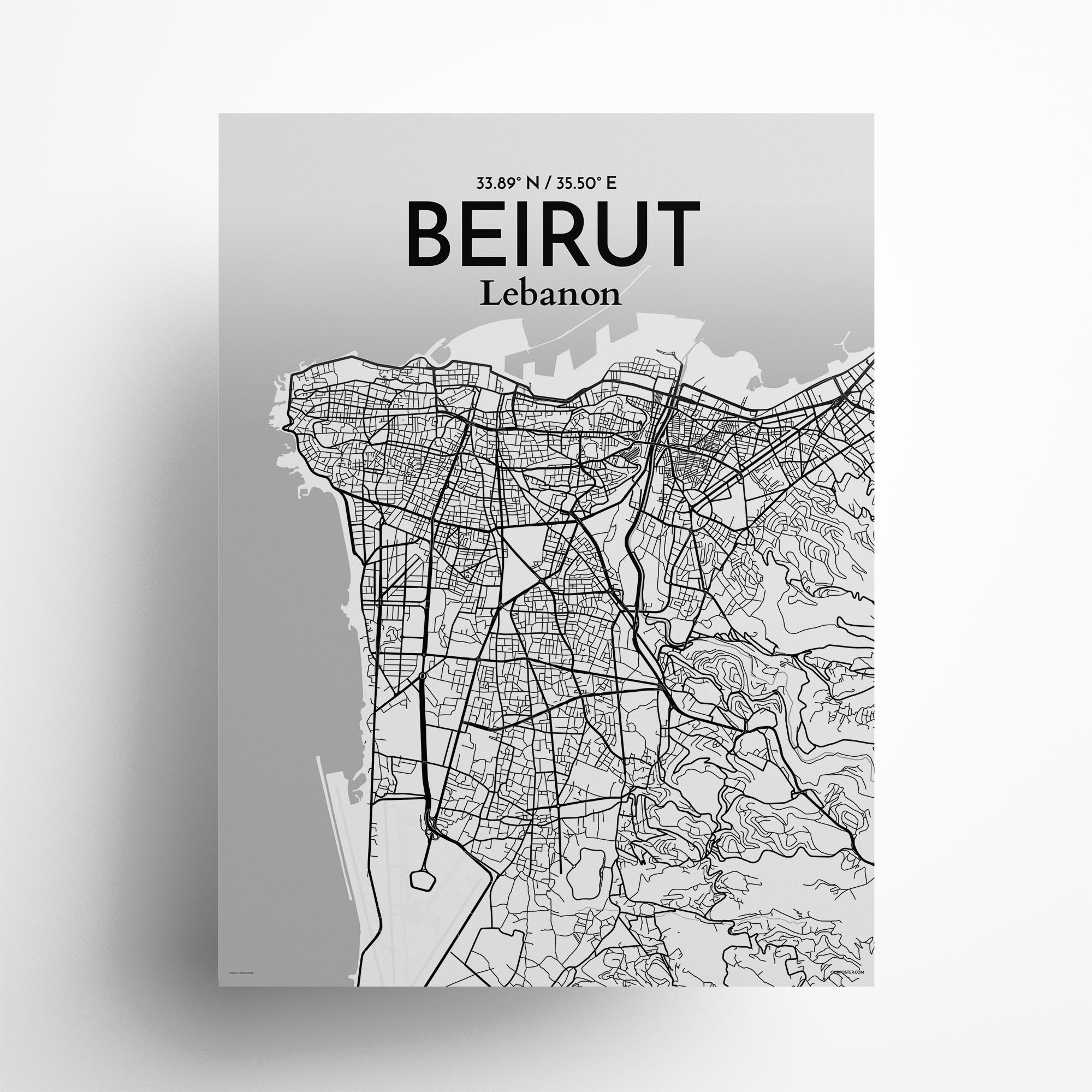 Beirut city map poster in Tones of size 18" x 24"