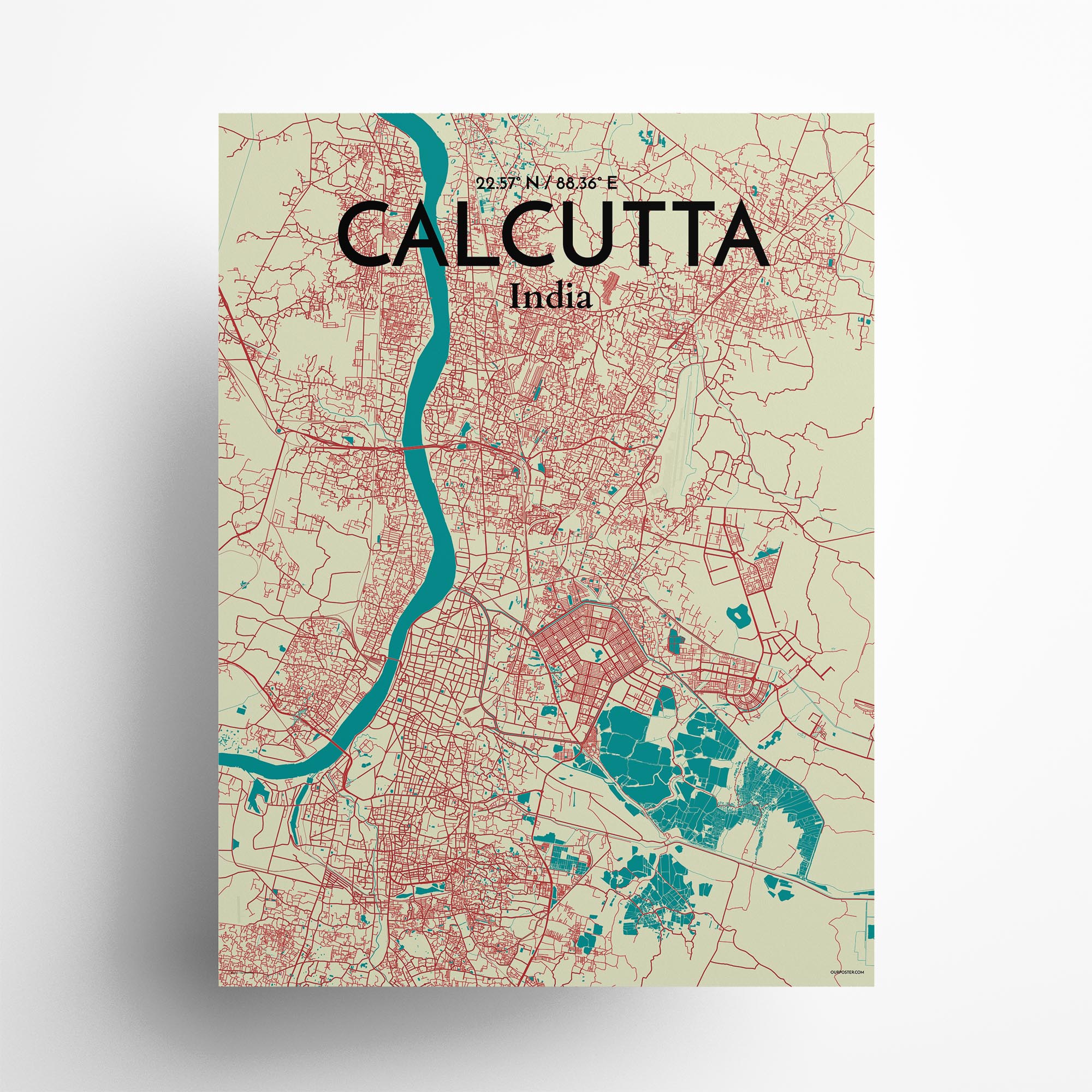 Calcutta city map poster in Tricolor of size 18" x 24"