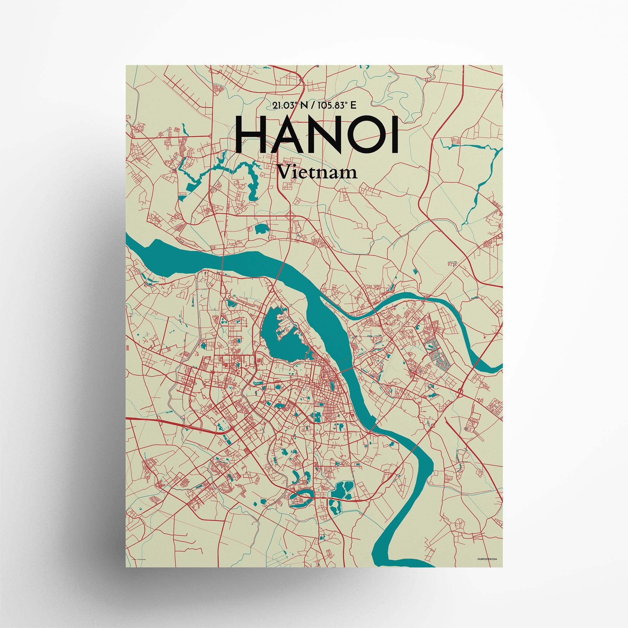 Hanoi city map poster in Tricolor of size 18" x 24"