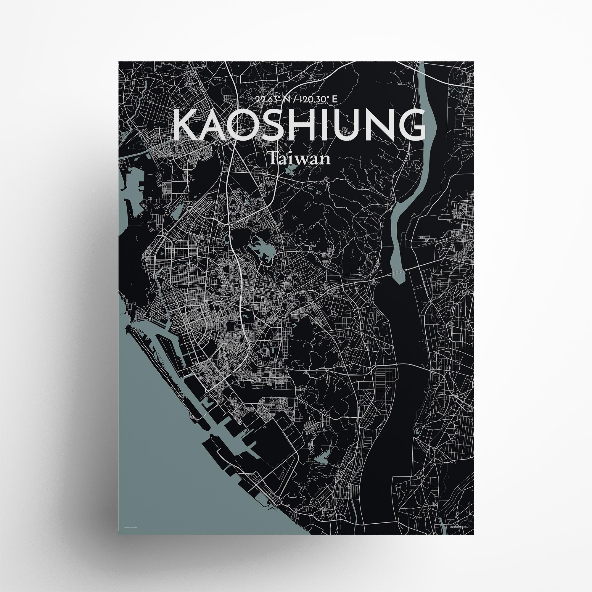 Kaoshiung city map poster in Midnight of size 18" x 24"