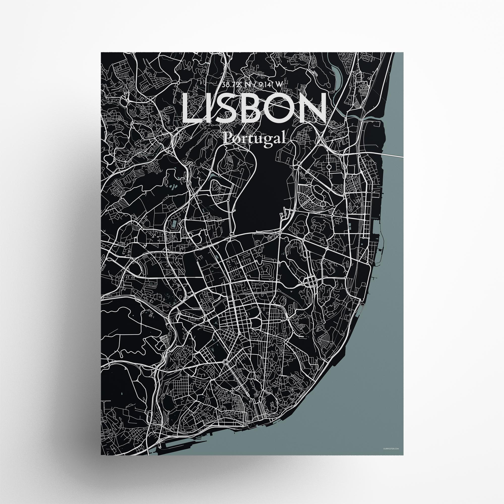 Lisbon city map poster in Midnight of size 18" x 24"