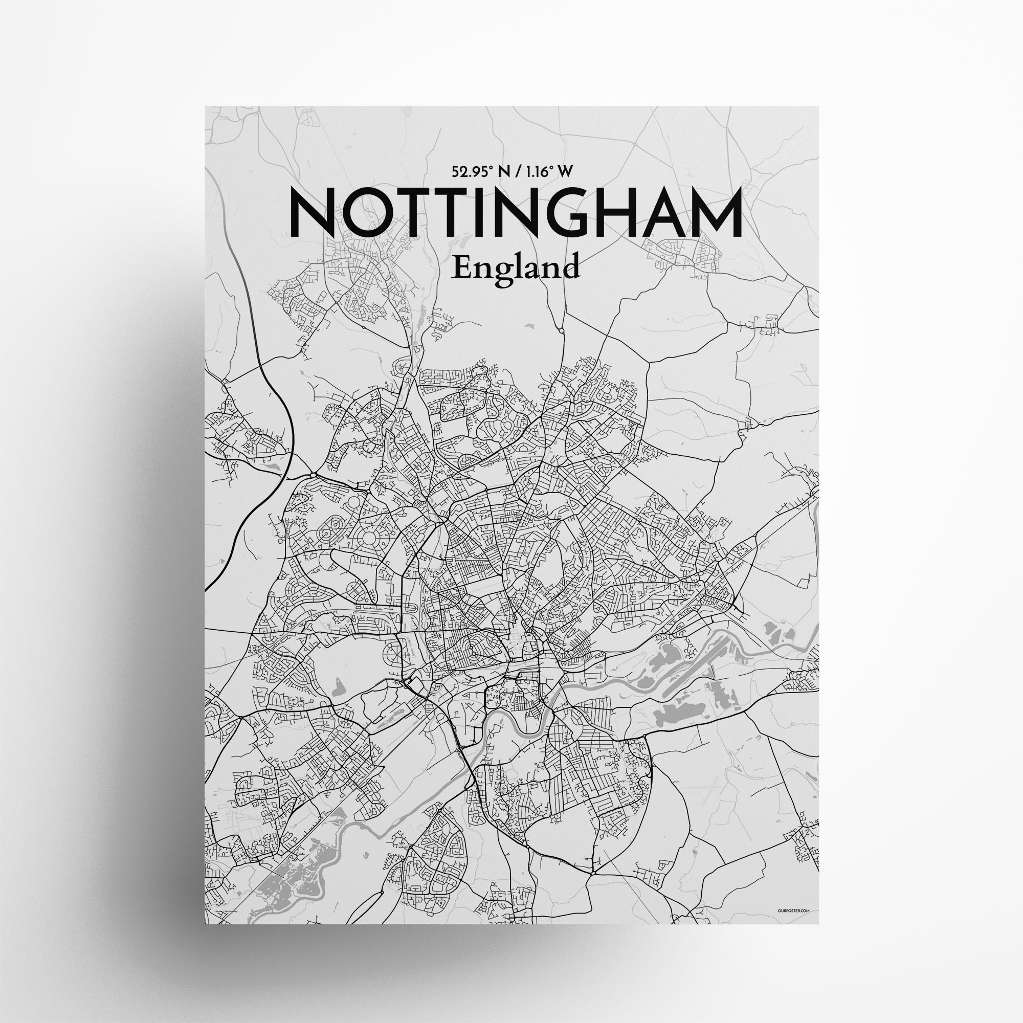 Nottingham city map poster in Tones of size 18" x 24"