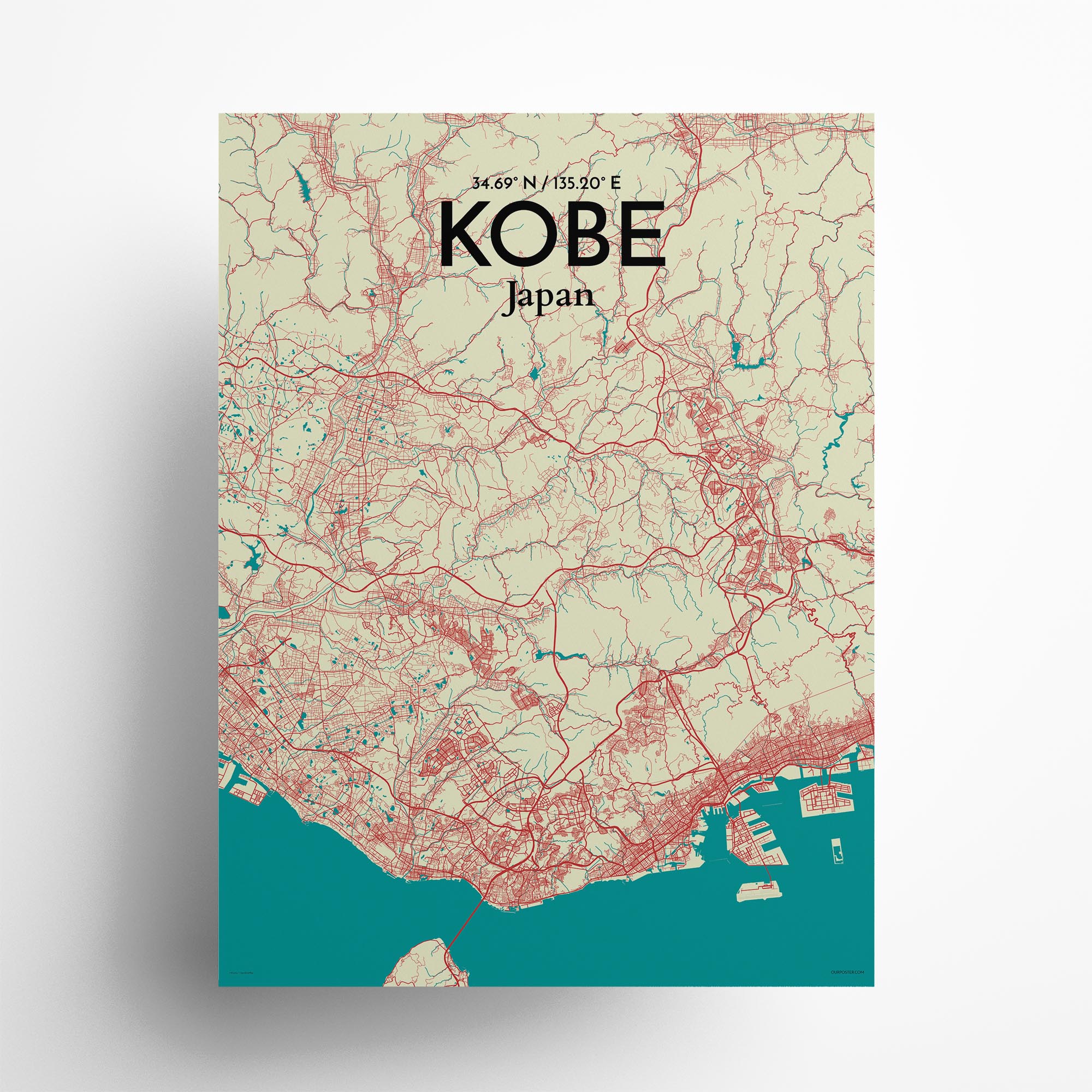 Kobe city map poster in Tricolor of size 18" x 24"
