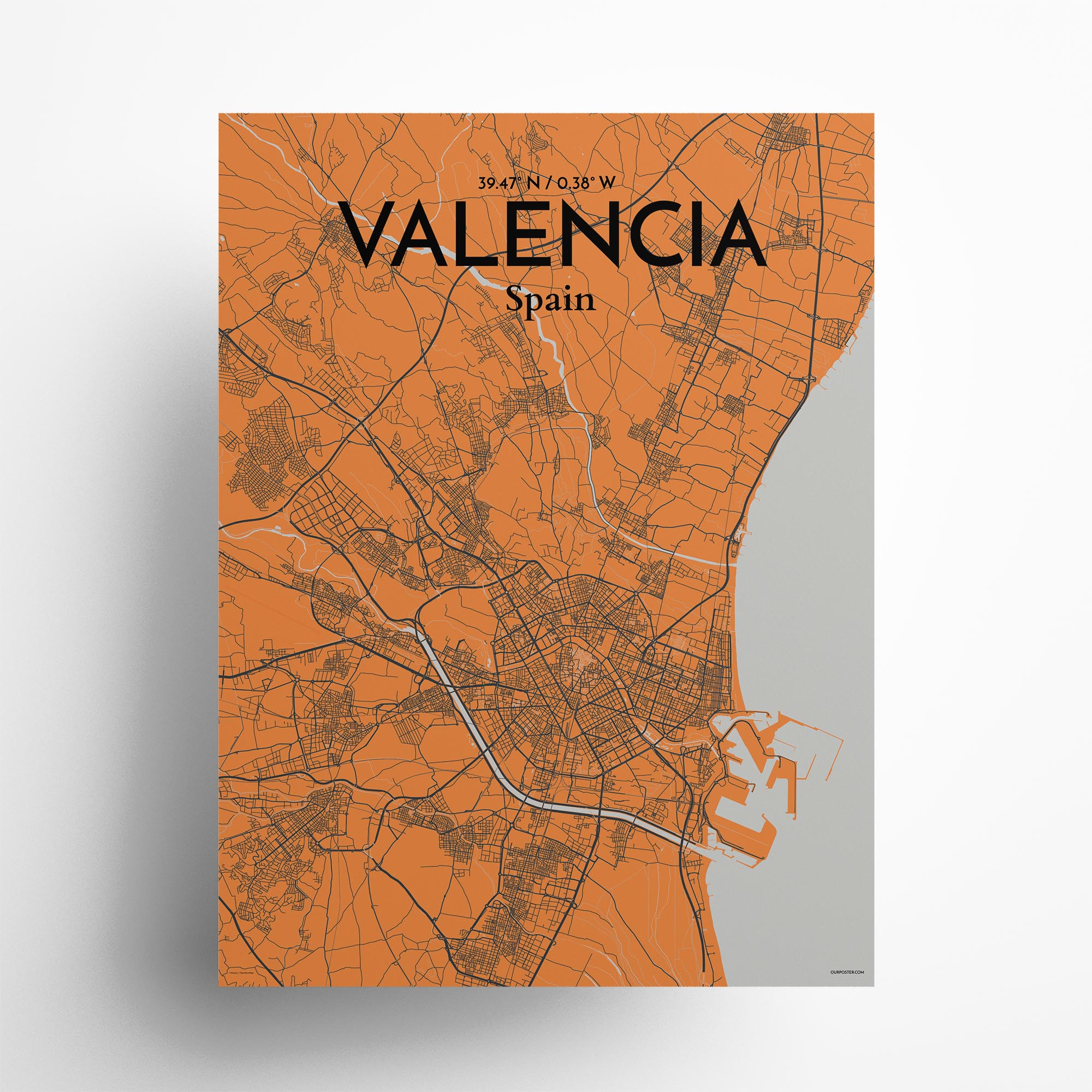 Valencia city map poster in Oranje of size 18" x 24"