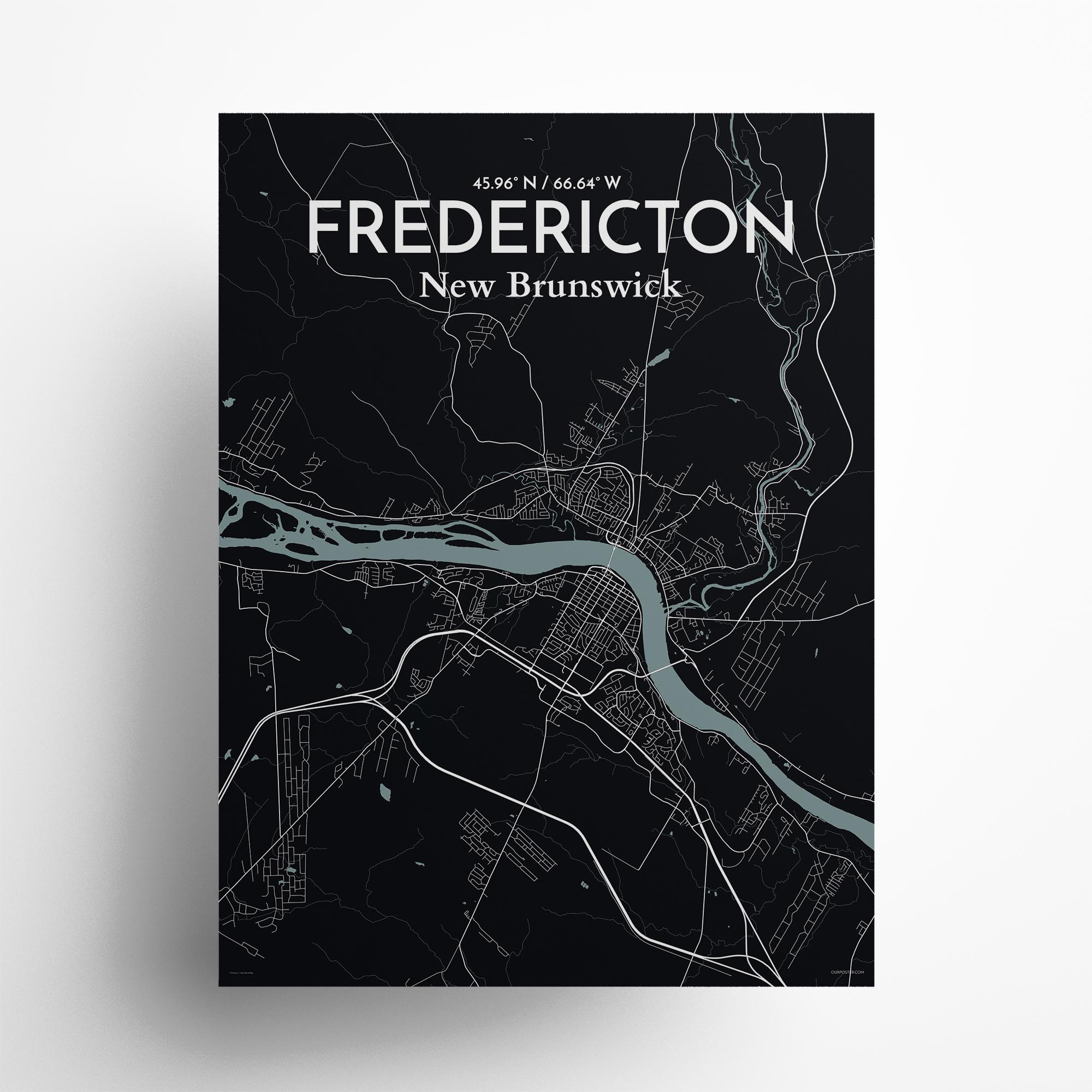 Fredericton city map poster in Midnight of size 18" x 24"