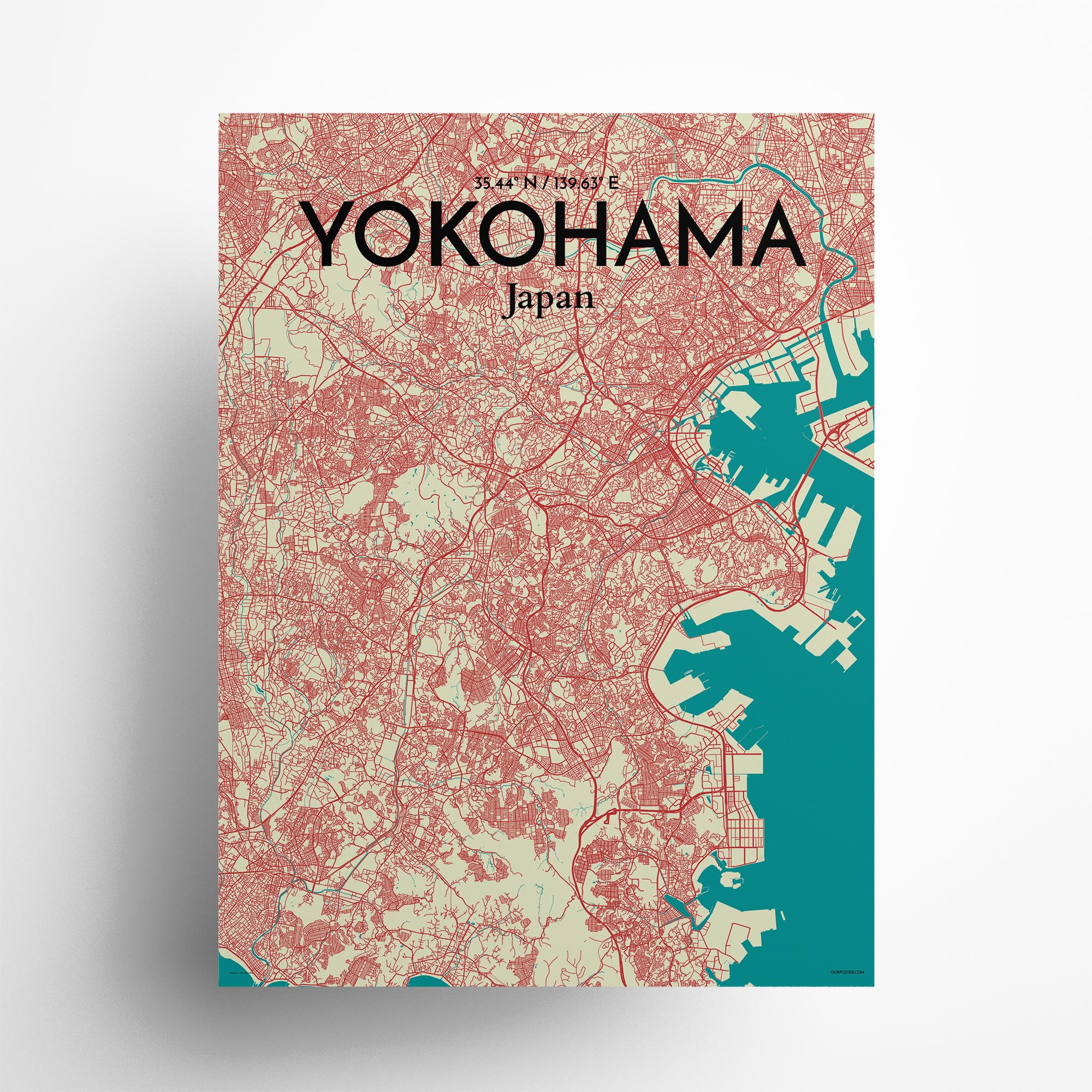 Yokohama city map poster in Tricolor of size 18" x 24"