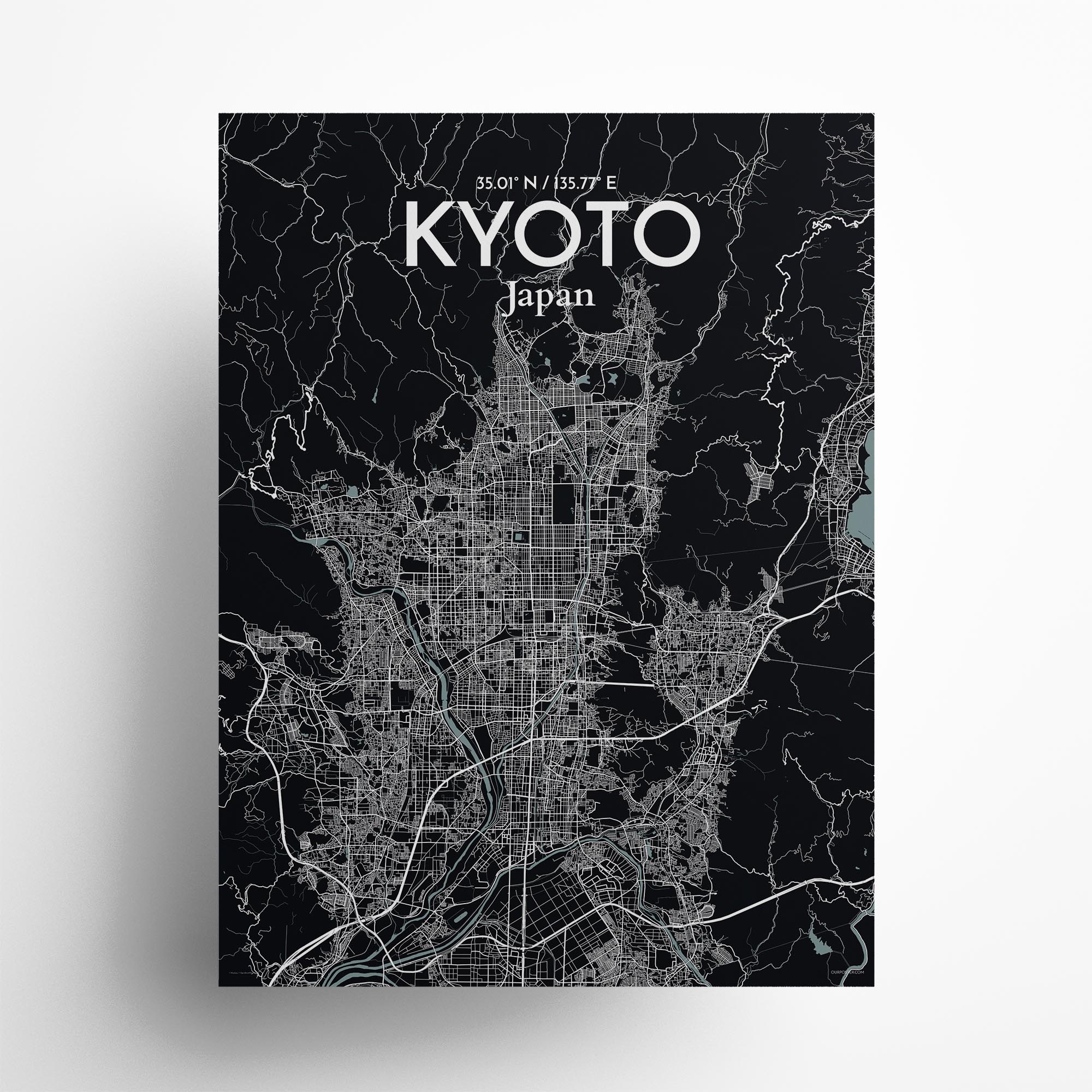 Kyoto city map poster in Midnight of size 18" x 24"