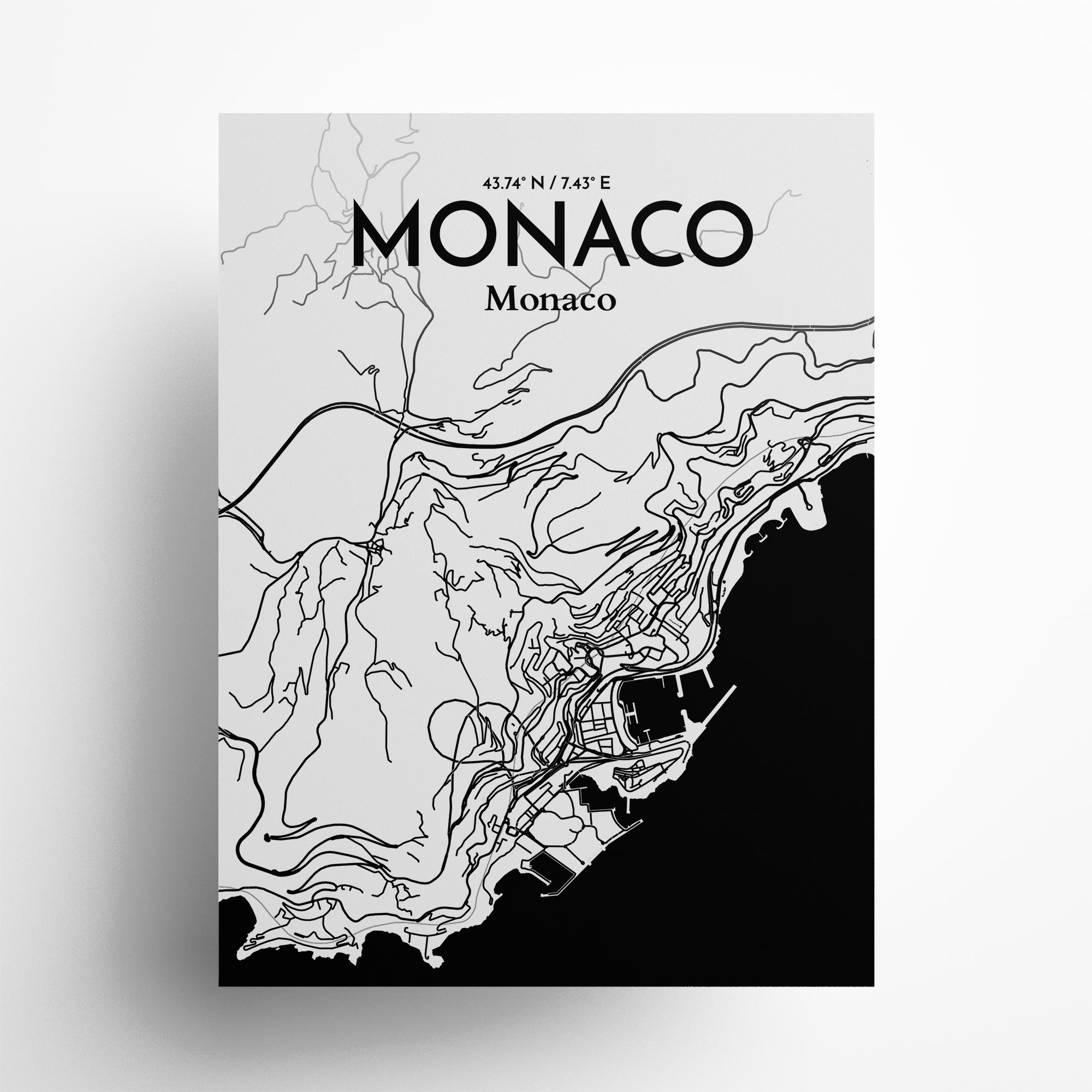 Monaco city map poster in Ink of size 18" x 24"