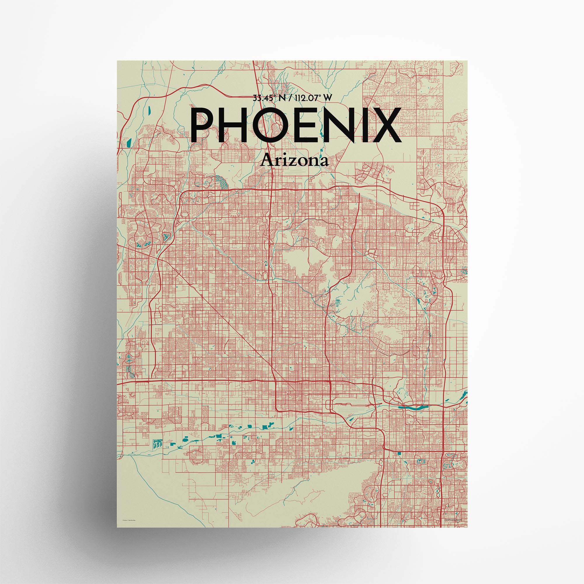 Phoenix city map poster in Tricolor of size 18" x 24"